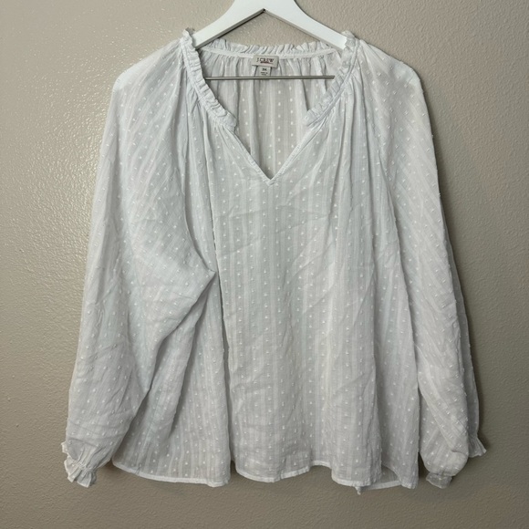 J. Crew White Pattern Semi Sheer Long Sleeve Ruffle Neckline and Sleeve Top - Picture 1 of 4